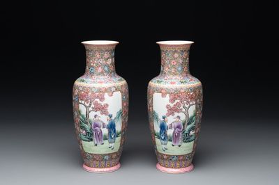 A pair of Chinese famille rose eggshell porcelain rouleau vases, Qianlong mark, Republic