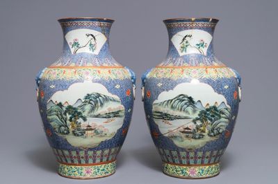 A pair of Chinese famille rose hu vases with landscape panels, Qianlong mark, Republic, 20th C.