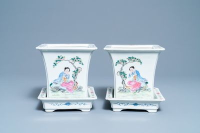 A pair of Chinese famille rose jardinières on stands, Qianlong mark, Republic
