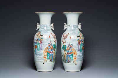A pair of Chinese famille rose mythological subject vases, signed Han Zhengtai 韓正泰, 19/20th C.