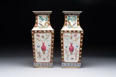 A pair of Chinese famille rose relief-moulded rectangular 'antiquities' vases, 19th C.