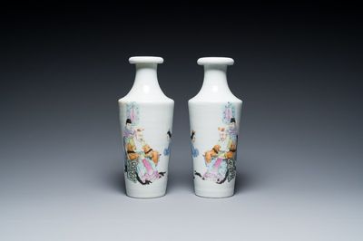A pair of Chinese famille rose rouleau vases, Hongxian mark, Republic