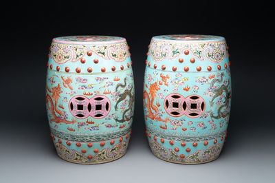 A pair of Chinese famille rose turquoise-ground 'dragon' garden seats, Republic