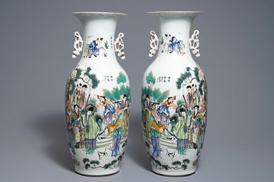 A pair of Chinese famille rose two-sided design vases, 19/20th C.