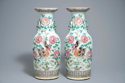 A pair of Chinese famille rose vases with birds among flowers, 19th C.