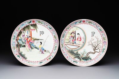 A pair of Chinese famille rose 'Xi Xiang Ji' plates, Qianlong mark, 20th C.