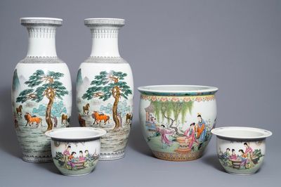 A pair of Chinese 'nine horses' vases and three famille rose jardinières, Republic, 20th C.