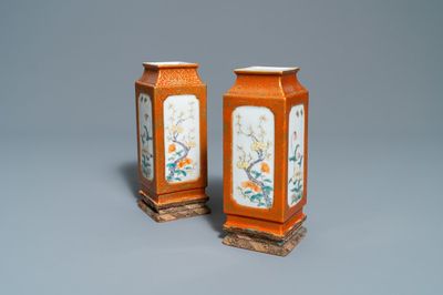 A pair of Chinese square famille rose vases with floral design, Yongzheng mark, Republic