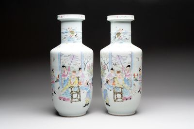 A pair of fine Chinese famille rose 'Guo Ziyi 郭子儀' rouleau vases, Qianlong mark, 19th C.