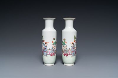 A pair of small Chinese famille rose rouleau vases, Qianlong mark, Republic