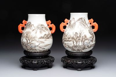 A pair of small Chinese grisaille 'hu' vases with winter landscapes, Qianlong and Tangying marks, Republic