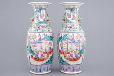 A pair of tall Chinese famille rose vases, 19th C.