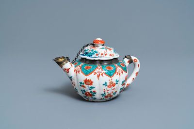 A polychrome petit feu and gilded Dutch Delft teapot and cover, early 18th C.