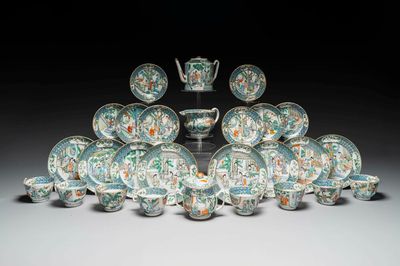 A rare Chinese Canton famille verte 27-piece tea service, 19th C.