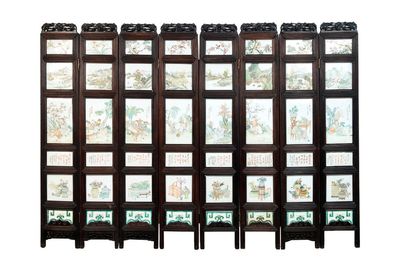 A rare Chinese eight-panel hongmu room divider with 48 qianjiang cai plaques, signed Jia Xingqing 贾醒卿, dated 1902