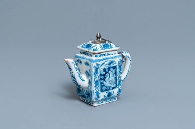 A rare Dutch Delft blue and white relief-moulded teapot and cover, late 17th C.
