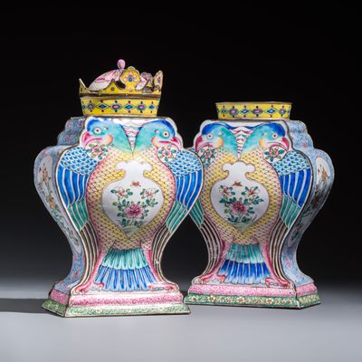 A rare pair of Chinese Canton enamel tea caddies and one cover, Qianlong