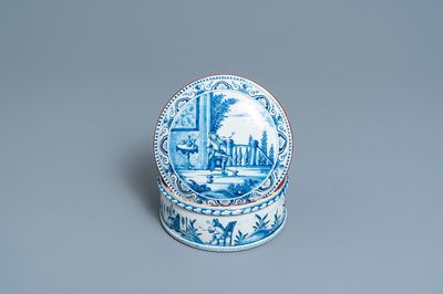 A round Dutch Delft blue and white box and cover with tobacco harvesting scenes, 18th C.