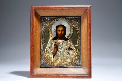 A Russian silver and gilt brass icon of Christ alvator Mundi, marked, ca. 1880