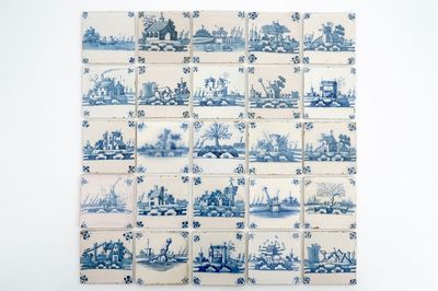 A set of 25 antique Dutch Delft landscape tiles, 18th C.