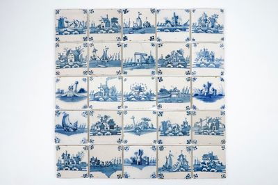 A set of 25 antique Dutch Delft landscape tiles, 18th C.