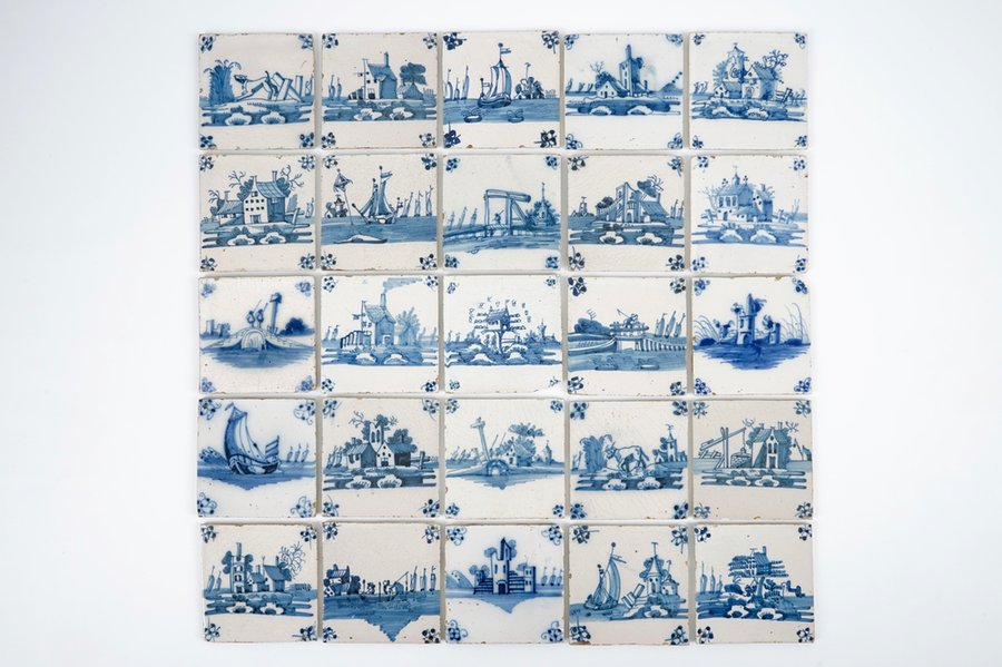 A set of 25 antique Dutch Delft landscape tiles, 18th C.