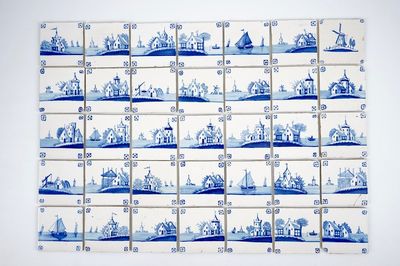 A set of 35 antique Dutch Delft landscape tiles, 19th C.