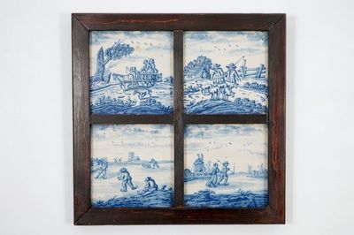 A set of four Dutch Delft blue and white "Open landscape" tiles, 18th C.