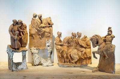 A set of four plaster equestrian figures from the retable of Caux, 19/20th C., Bruges