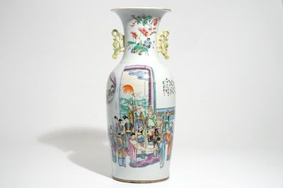 A tall Chinese famille rose double design vase, 19/20th C.