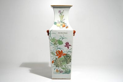 A tall square Chinese famille rose vase, 19/20th C.