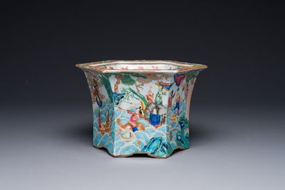 A very fine hexagonal Chinese Canton famille rose jardiniere, 19th C.