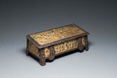Alfred Daguet (Paris, 1875-1942): A Gothic revival repoussé brass and copper-mounted metal box with glass cabochons, ca. 1900