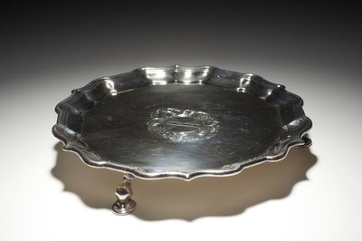 An English armorial silver salver, London, 18th C.