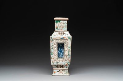 An extremely rare Chinese blue, white and famille verte openworked double-walled vase with figural design, 19th C.