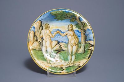 An Italian maiolica deep plate with 'Adam and Eve', Urbino, 2nd half 16th C.