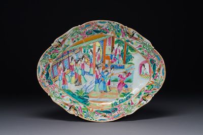 An oval Chinese Canton famille rose tazza with narrative design, 19th C.