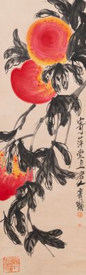 Chinese school, naar en met de signatuur van Qi Baishi (1864 - 1957): 'Perziken', inkt en kleur op papier