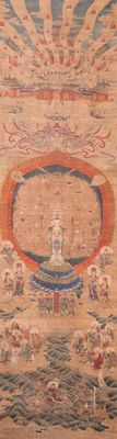 Chinese school: 'De 33-koppige Avalokitesvara', inkt en kleur op zijde, Qing