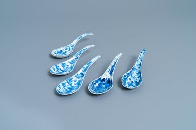 Five Chinese blue and white 'landscape' spoons, 19th C.