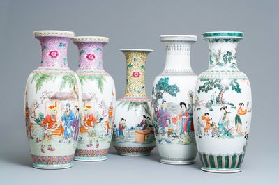 Five Chinese famille rose and verte vases, Republic