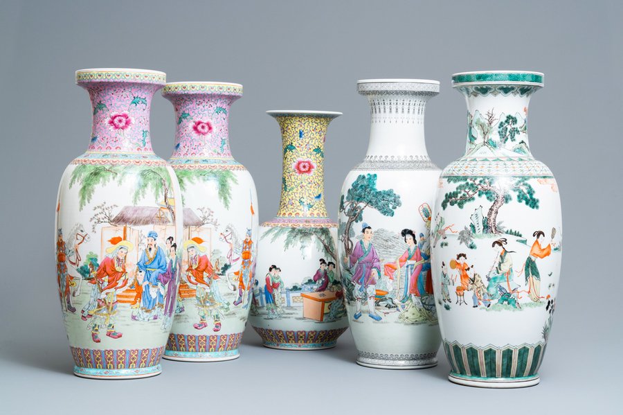 Five Chinese famille rose and verte vases, Republic