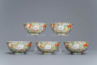 Five Chinese famille rose 'millefleurs' bowls, Qianlong mark, Republic, 20th C.