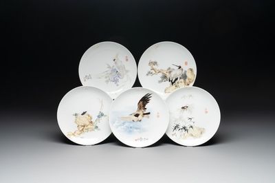 Five Chinese polychrome plates, signed Zou Furen 邹甫仁, dated 1989