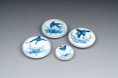 Four Chinese blue and white seal paste boxes in the style of Wang Bu, Yongzheng marks, Republic