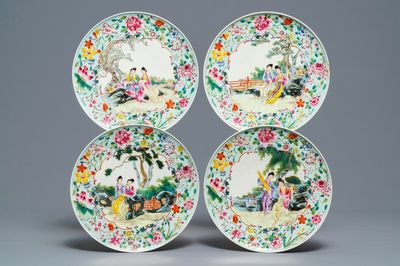 Four Chinese famille rose plates with ladies in a garden, Guangxu mark, Republic, 20th C.