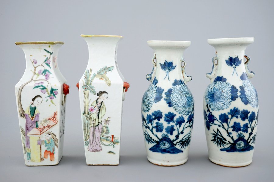 Four Chinese qianjiang cai and blue and white vases, 19/20th C.