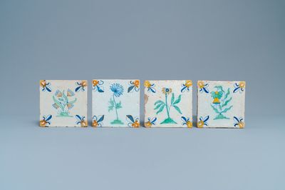 Four polychrome Dutch Delft 'flower' tiles, 1st half 17th C.