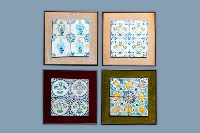 Sixteen polychrome Dutch Delft tiles with flowers and ornaments, 17th C.