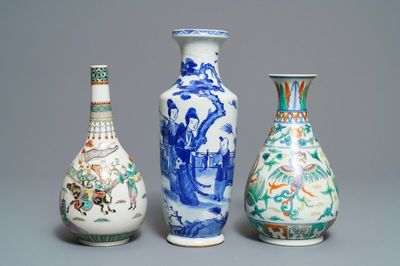 Three Chinese blue and white, doucai and famille verte vases, 19/20th C.
